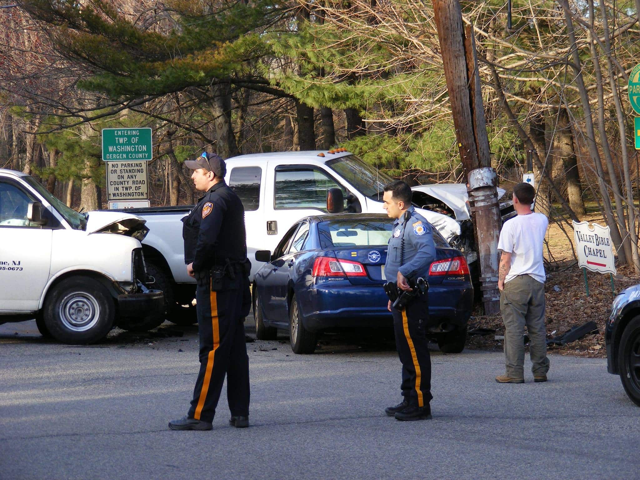 Three vehicle crash at the intersection of Linwood Avenue and Pascack Road in Paramus