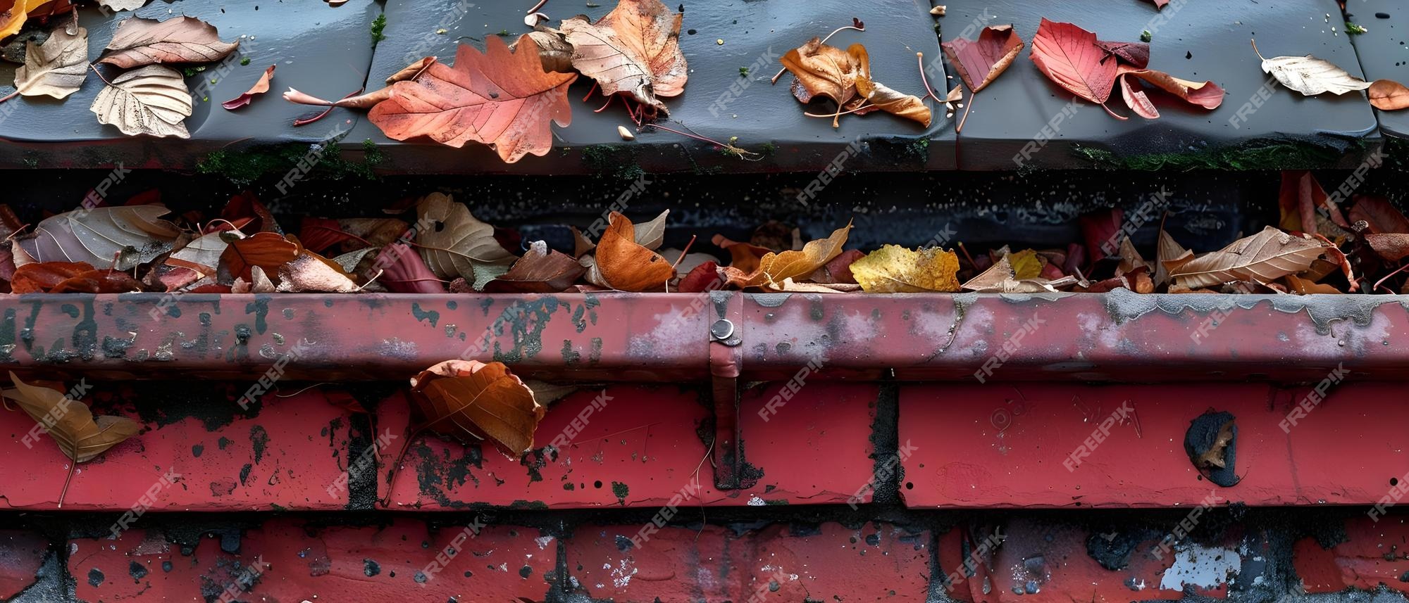 clogged metal gutter red brick roof filled with leaves debris potentially causing drainage issues concept gutter cleaning roof maintenance drainage problems 918839 61648 3841994597