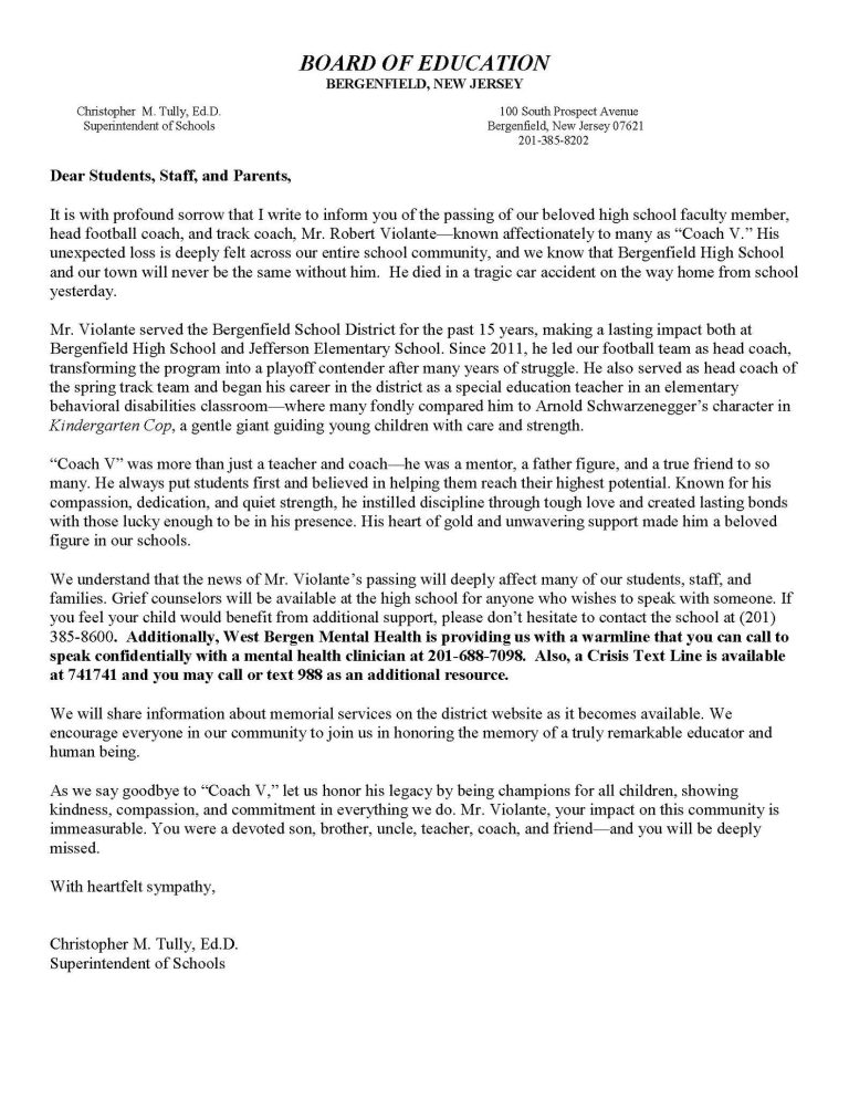 Bergenfield High School Football Coach Rob Violante Killed in Tragic