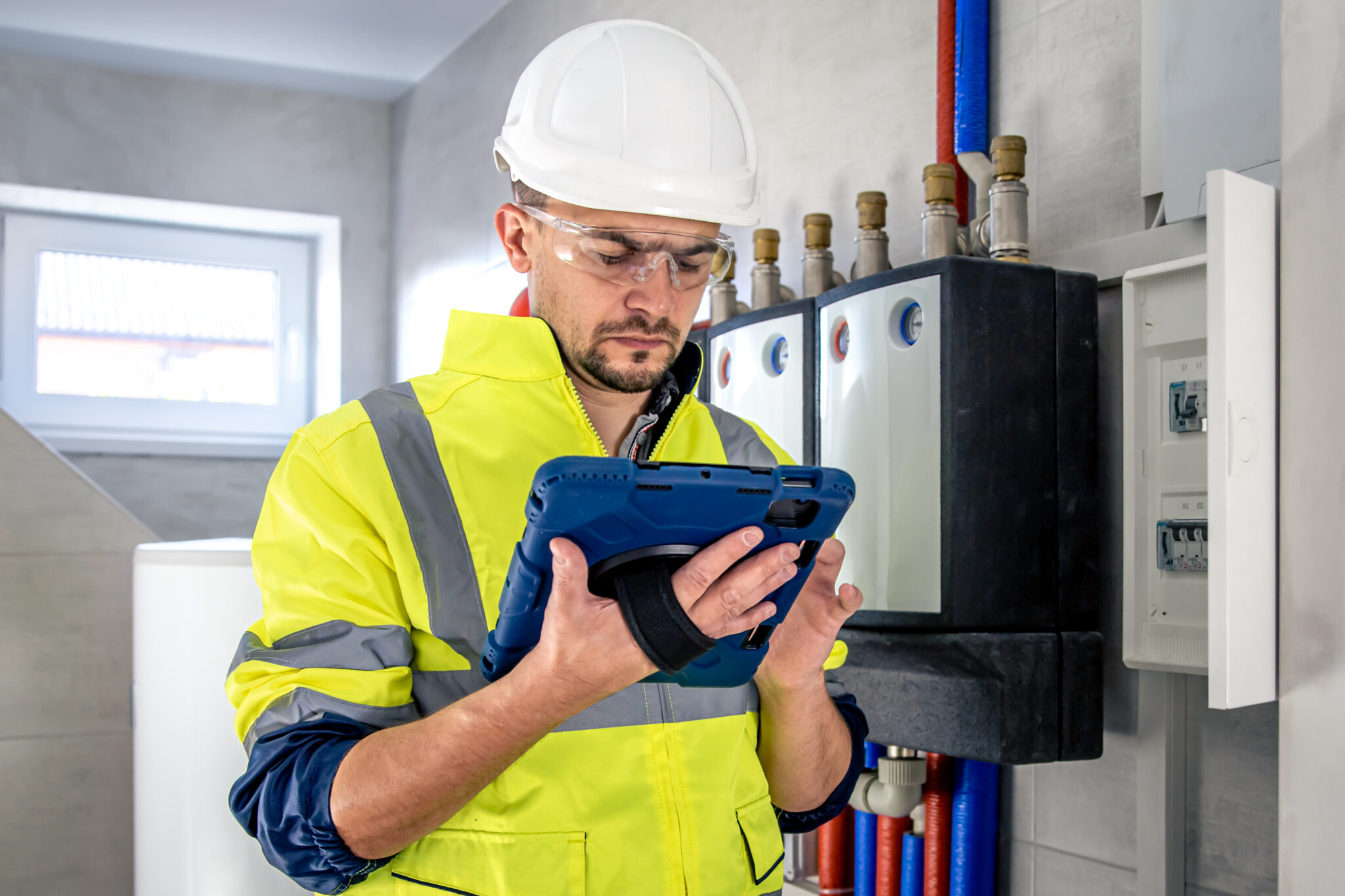 man electrical technician working switchboard with fuses uses tablet scaled
